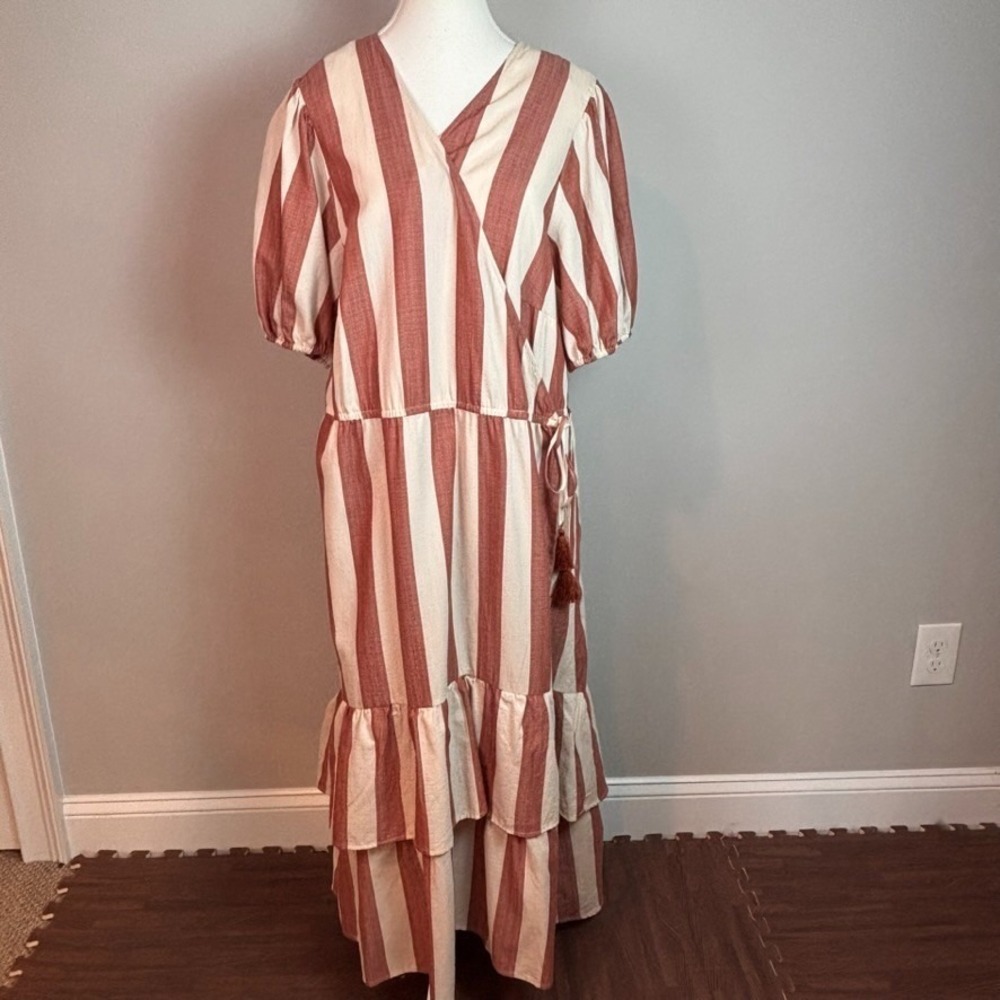 NEW Knox Rose Womens 100% Cotton Striped Tiered Wrap Dress XXL NWT! Brown white